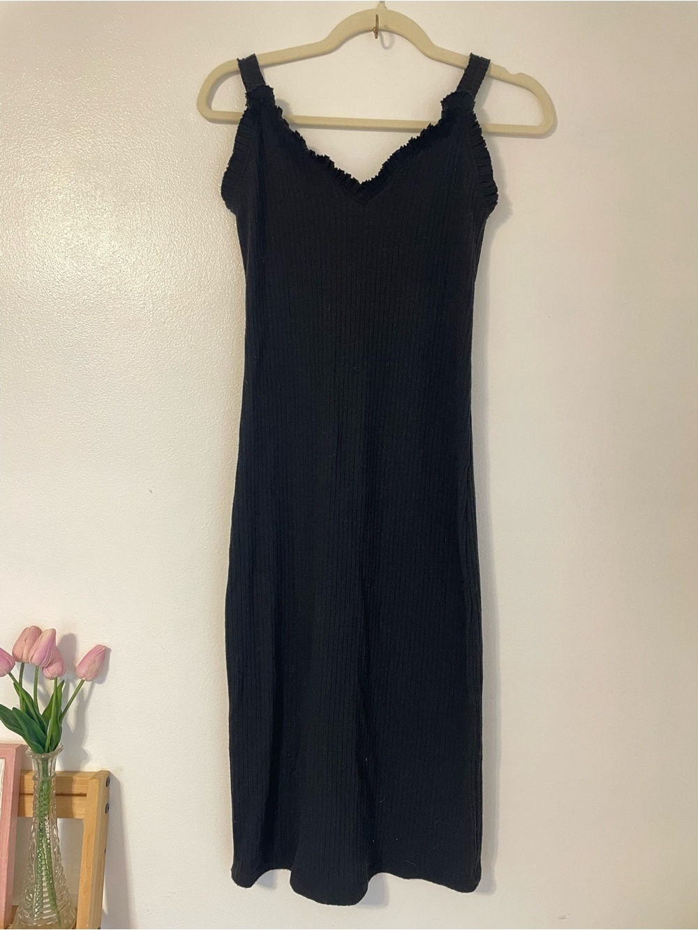 Knit Midi Dress - Black Sleeveless Cotton ribbed Ruffle dress